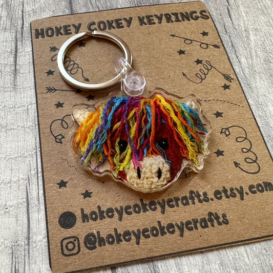 Rainbow Highland Cow Key Chain – Handmade Acrylic Charm for Friends & Pride Gifts