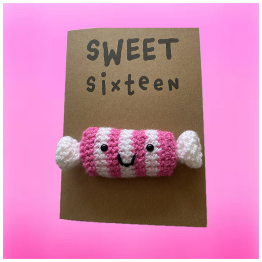 Sweet Sixteen 16th Birthday Card - Handmade Crochet Kraft with Pink Lollipops