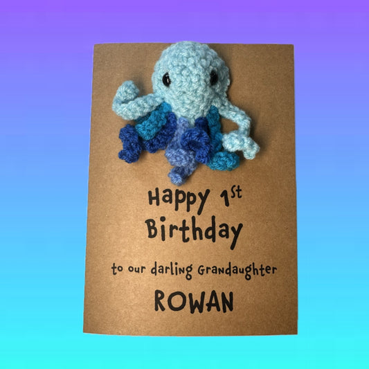 Octopus Birthday Card – Handmade Blue Crochet Kraft – Personalised with Any Message