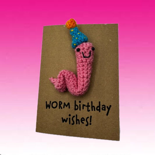 Happy Birthday Worm Hugs Card – Handmade Crochet Worm in Party Hat