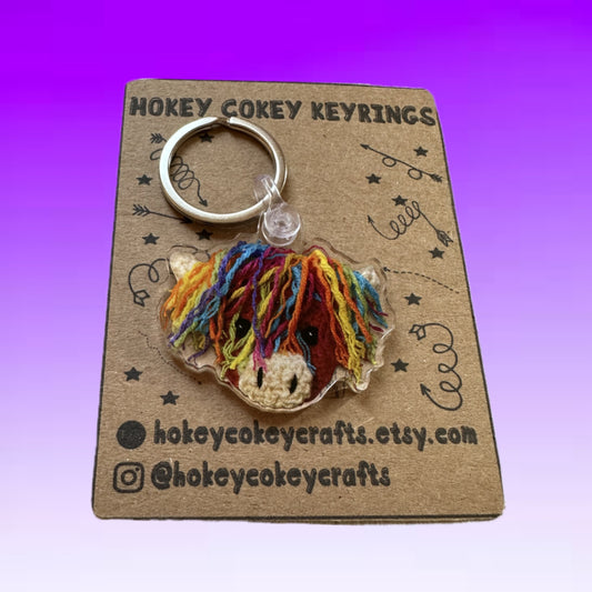 Rainbow Highland Cow Key Chain – Handmade Acrylic Charm for Friends & Pride Gifts