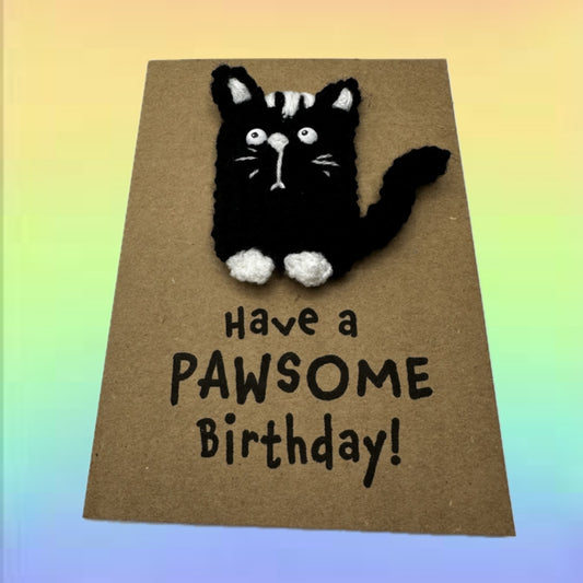 Pawsome Birthday Card – Black & White Cat Crochet
