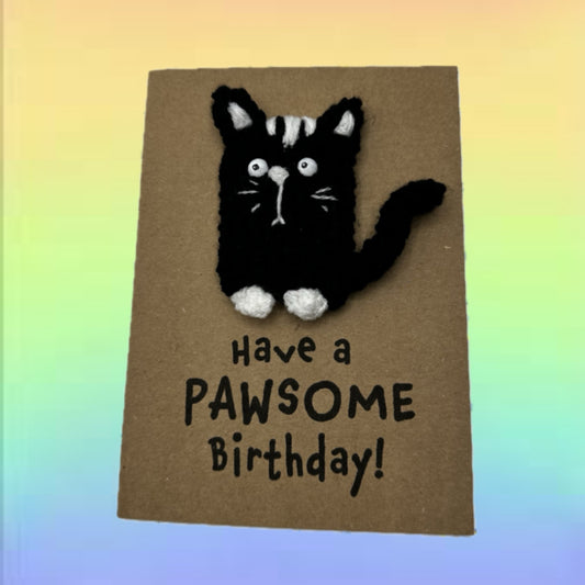 Pawsome Birthday Card – Black & White Cat Crochet