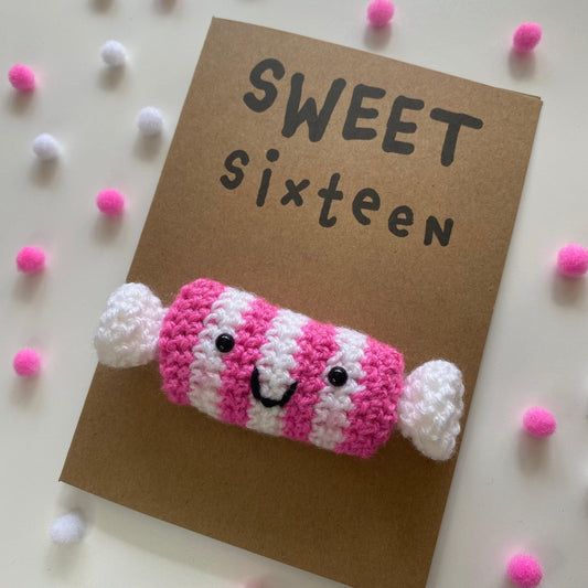 Sweet Sixteen 16th Birthday Card - Handmade Crochet Kraft with Pink Lollipops