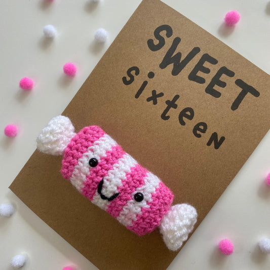 Sweet Sixteen 16th Birthday Card - Handmade Crochet Kraft with Pink Lollipops