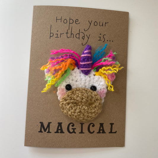 Magical Unicorn Birthday Card – Crochet Rainbow Design for Kids